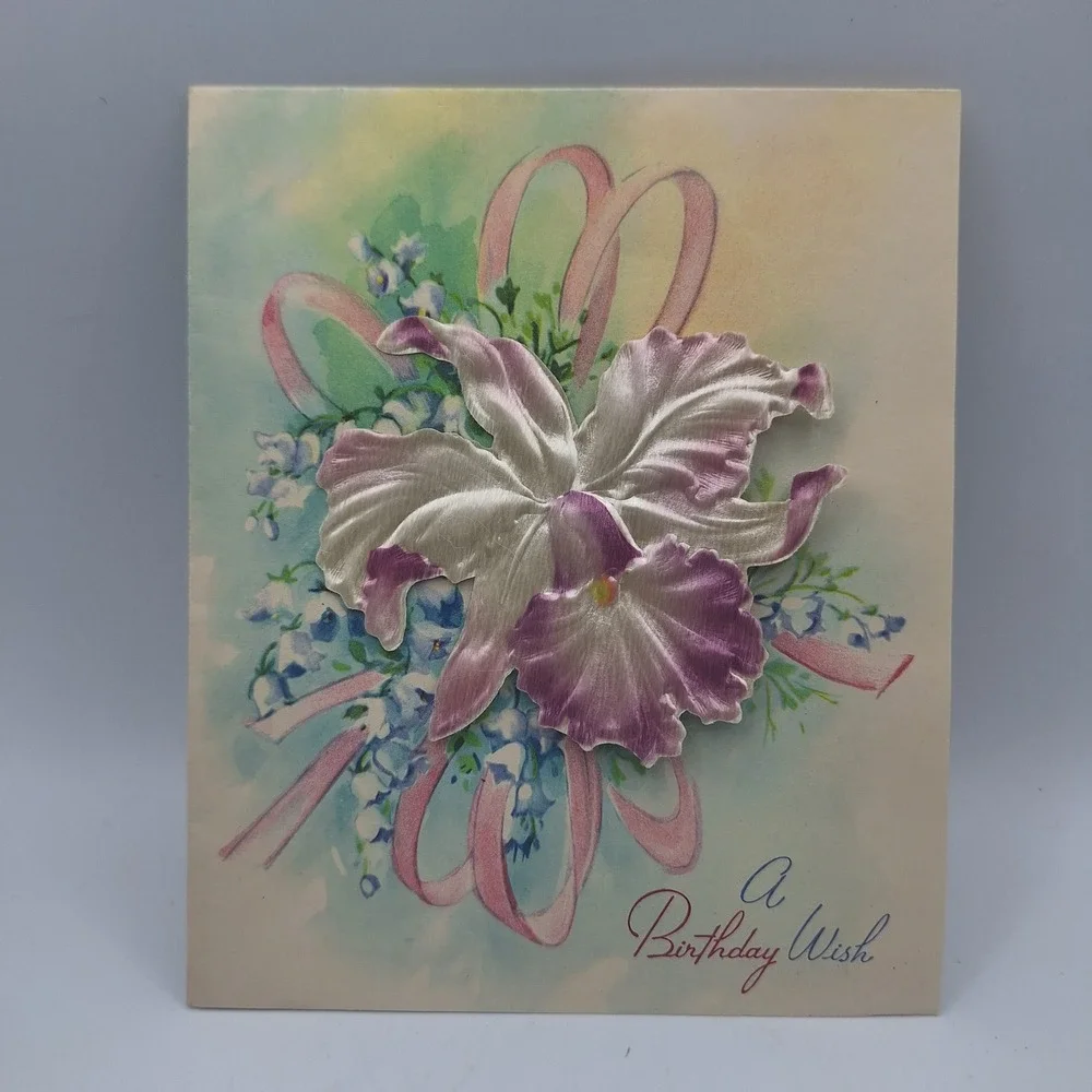 Vintage Satin Blossoms Birthday Card Orchid Ribbon‎ 